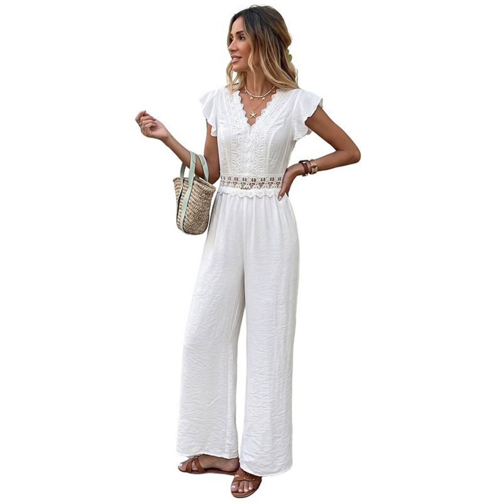 Womens Summer Solid Color Lace Trim Flutter Sleeve Romper